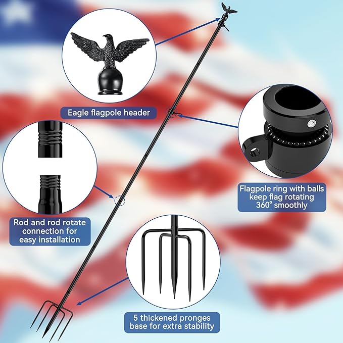 ZMTECH 10 FT Flag Pole Kit in Ground with 5 Pronges Base, Heavy Duty Flag Pole Holder with Metal Eagle Topper for Outside House & Yard Outdoor Garden Decor Residential Commerical(1 Pack,Without Flag)
