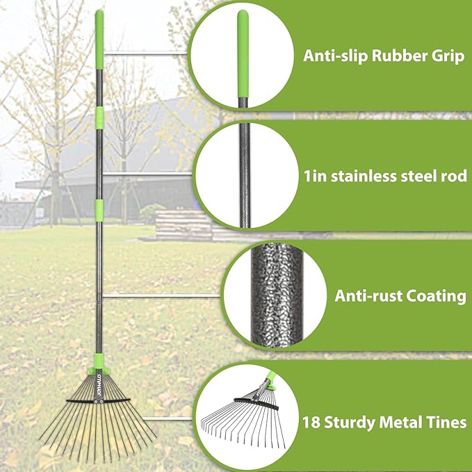 JOYHALO 63.4 inch Rake for Leaves - Adjustable, 18 Tines Metal Garden Rake with Detachable Handle, Lightweight Leaf Rakes for Gardening and Flower Bed