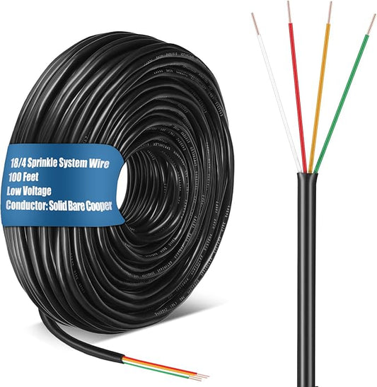 Hoolerry Solid Sprinkler System Wire 18 Gauge Irrigation Wire with UV Resistant PVC Jacket Sprinkler Cable for Underground Irrigation Field Central Control System 30v Ul Listed(18/4, 100 Ft)