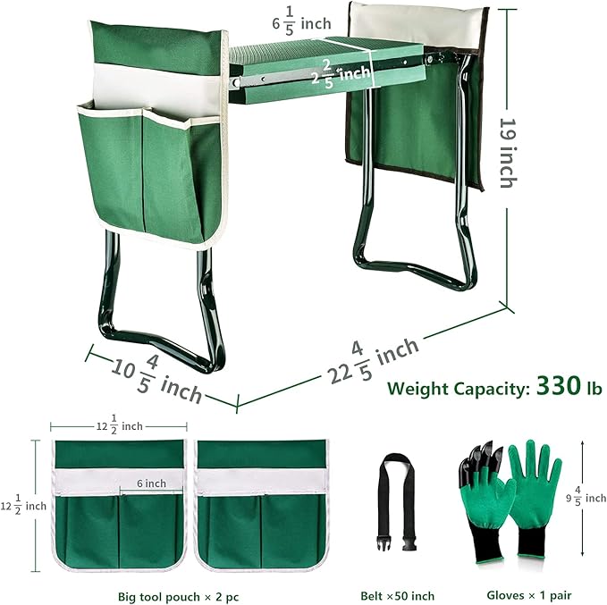 BESTHLS Garden Kneeler and Seat Upgraded Sturdy Garden Folding Bench with 2 Portable Large Tool Pockets and Garden Gloves Soft EVA Foam Pad for Gardening Lovers