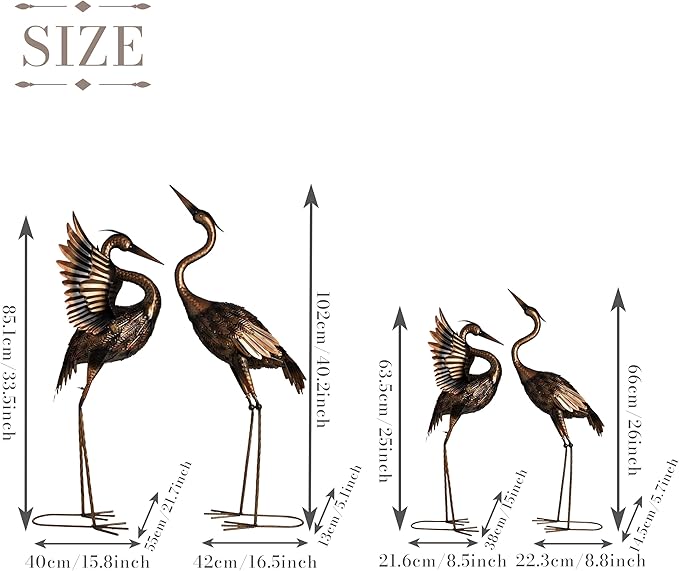 TERESA'S COLLECTIONS Yard Decorations Outdoor Garden Statues, Brass Metal Crane Yard Art, 33-39inch Lawn Ornaments for Backyard, Outside Porch, Patio, Wedding Decor,Set of 2,Spring Decor,Gifts for Mom