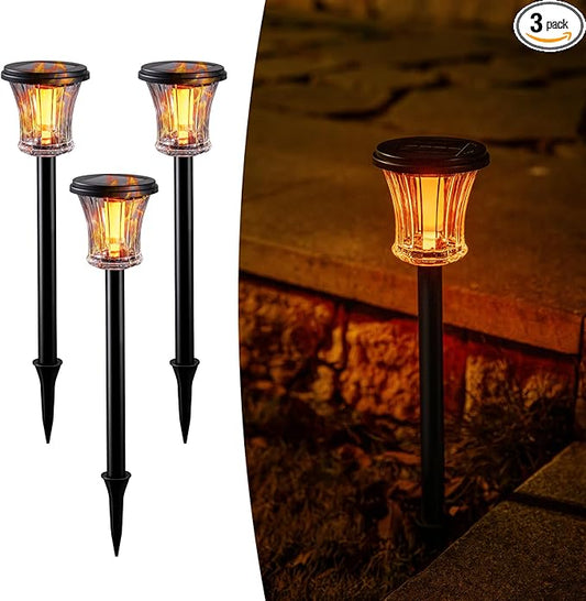 Glass Solar Torch Lights Outdoor Waterproof, Flickering Flame Tiki Torches with Modular Design, Auto On/Off LED Solar Lights for Garden Patio Yard Lawn Pathway Walkway Decorations (3 Pack)