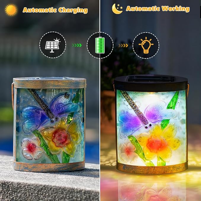 2 Pack Dragonfly Hanging Solar Lanterns Outdoor Waterproof Decorative Glass LED Solar Lantern for Tabletop Garden Patio Decor