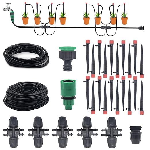 82FT Drip Irrigation System Automatic Micro Drip Kit with 1/2 and 1/4 inch Irrigation Tubing Hose Adjustable Nozzle Sparkle Garden Watering System for Flower, Potted Plants, Vegetable, Greenhouse