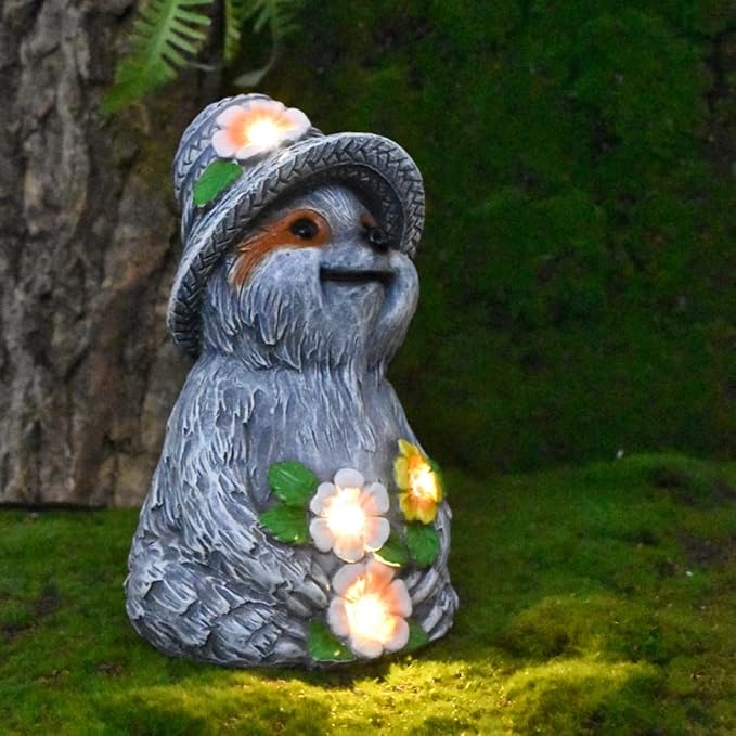 Solar Garden Outdoor Statues Adorable Sloth Figurine Lights with 4 LEDs, Ideal Garden Decor for Lawn, Patio, Balcony and Yard. Exquisite Lawn Ornament and Unique Gifts for Mom and Grandma