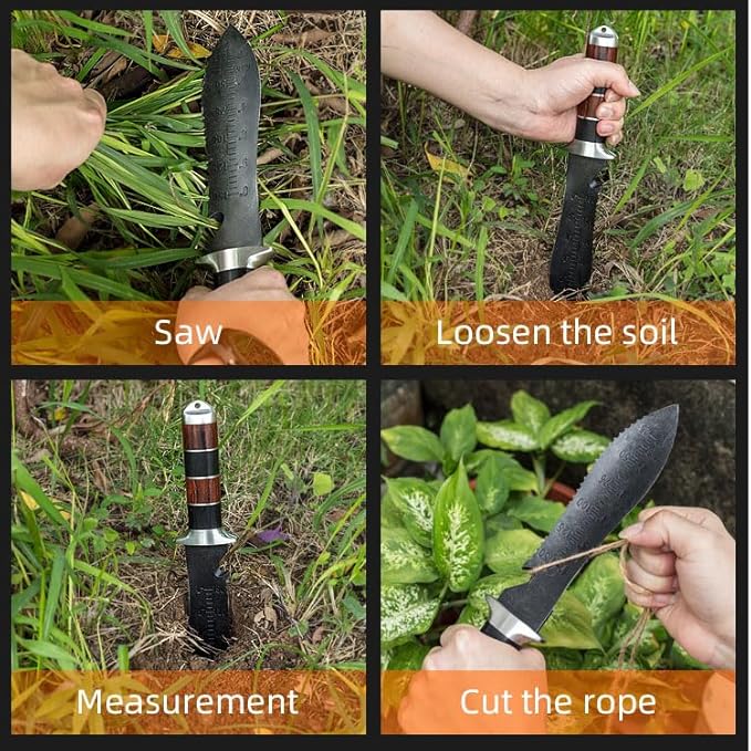 MINAMINO Outdoor Multipurpose Knife Fixed Blade for Camping Gardening Weeding Digging with Thick Leather Sheath and Sharpening Rod