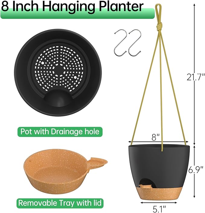 ZMTECH 8 Inch Hanging Planters for Indoor Outdoor Plants, 2 Pack Self Watering Hanging Plant Pots with Drainage Holes and Removable Saucer, Plastic Flower Hanging Pots with Watering Lip (Black)