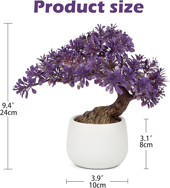 DILATATA Fake Bonsai Tree Zen Juniper Bonsai Plant 10” Tall Artificial Bonsai Trees with White Ceramic Pot Decorated with Pebbles Desk Plant Indoor Bonsai for Home Office Decor Purple