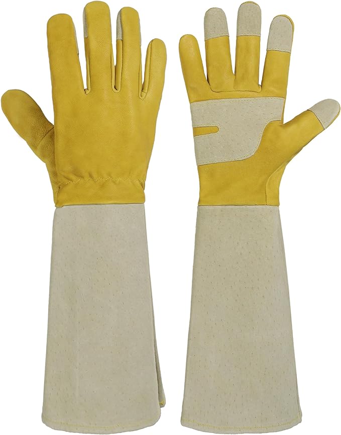 HANDLANDY Rose Pruning Gloves for Men & Women, Thorn Proof Long Garden Gloves, Gardening Gifts for Gardeners (Yellow- goatskin, Small (Pack of 1))