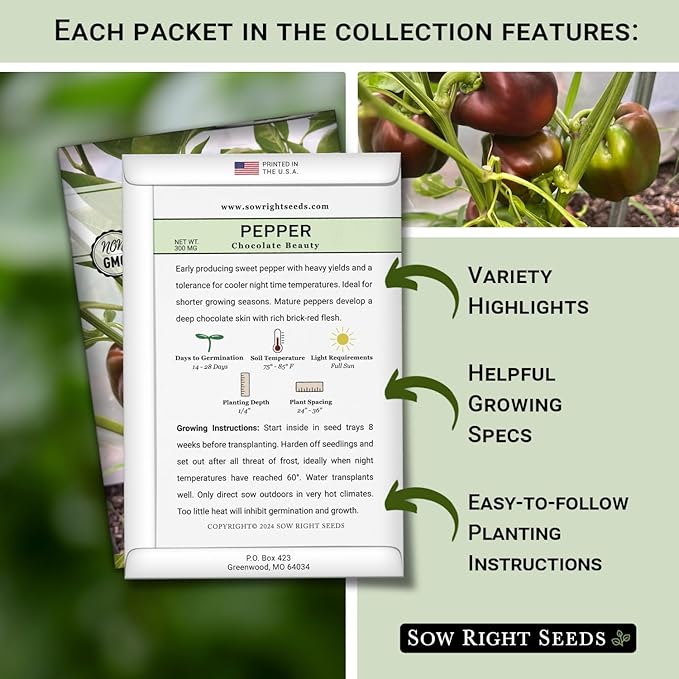 Sow Right Seeds - Sweet Bell Pepper Seed Collection for Planting a Home Garden - Red, Yellow, Purple, Orange and Chocolate Brown Bell Peppers - Non-GMO Heirloom Variety Pack Vegetable Seeds to Plant