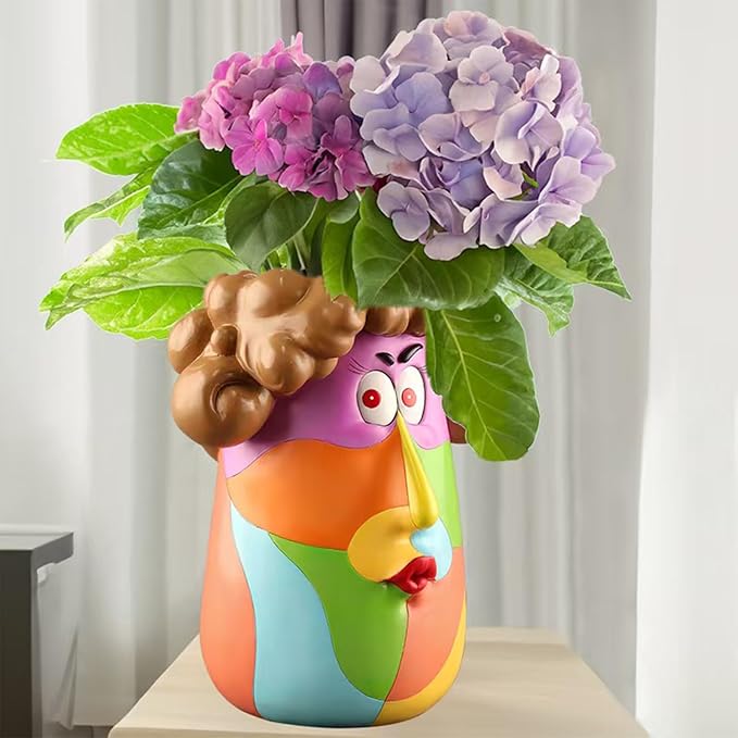 TOZLU Picasso Brutalist Abstract Beauty Face Flower Pot Ornaments Abstract Face Flower Pots Abstract Head Planter Pots Container Colorful Face Art Abstract Resin Flower Pot (Curly Haired Girl)