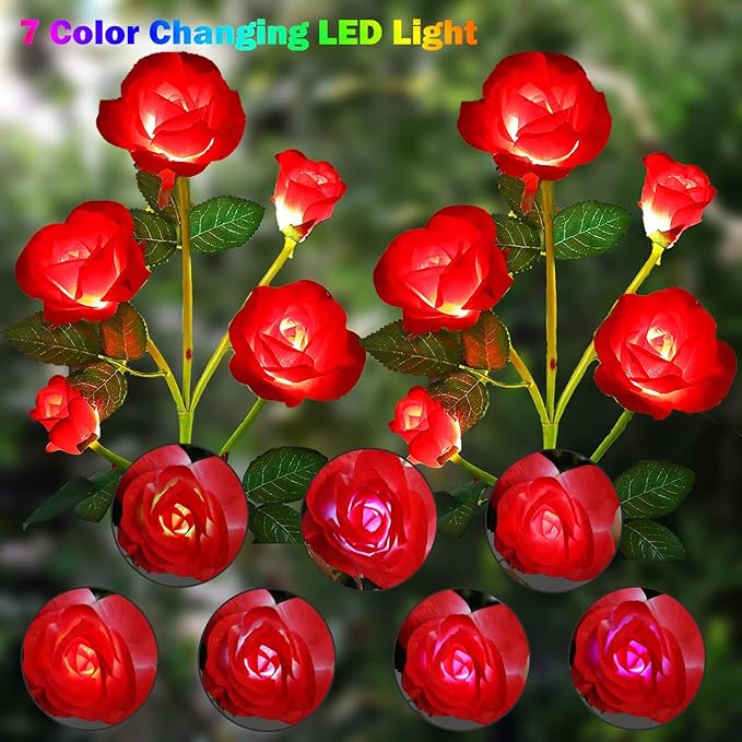 ANGMLN 2 Pack Solar Garden Lights, Solar Flower Lights Outdoor Waterproof with 10 Head Red Rose 7-Color Changing Landscape Light for Pathway Garden Patio Yard Valentine's Day Christmas Decoration