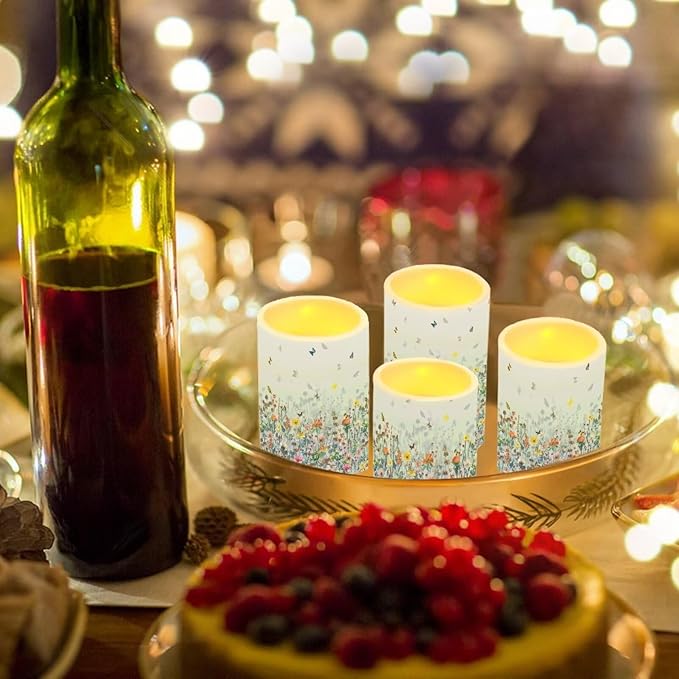 Flameless LED Candles Electric Pillar Candles with Remote Timer Color Changing Control Long Lasting Pack of 4 for Table Centerpiece Home Indoor Decoration, Flower Butterfly Blue