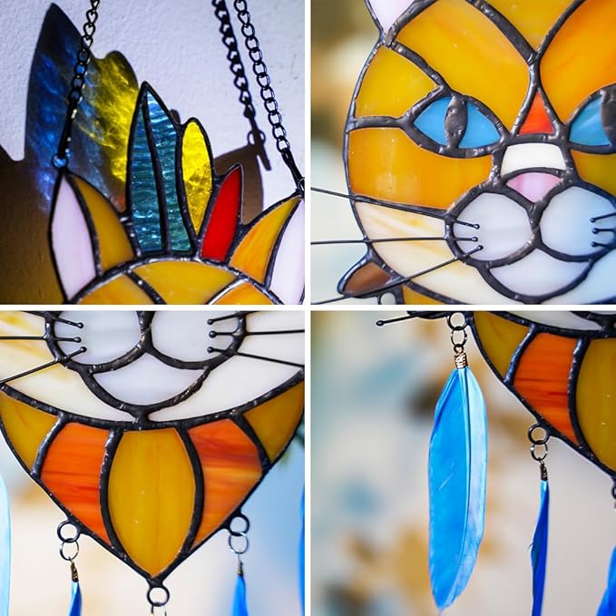 BOXCASA Orange Cat Decor Stained Glass Window Hangings,Cat Suncatcher for Window Indian Feathers Decoration,Funny Cat Decor Gifts for Cat Lovers,Cat Themed Gifts for Women