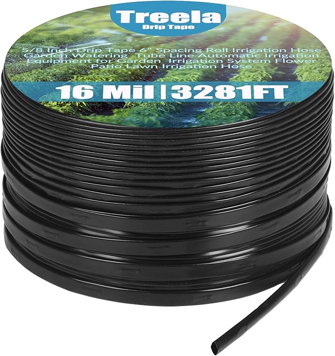 Treela 5/8 Inch Drip Tape 6" Spacing Roll Irrigation Hose Garden Watering Tube Line Automatic Irrigation Equipment for Garden Irrigation System Flower Patio Lawn Irrigation Hose (16 Mil, 3281ft)