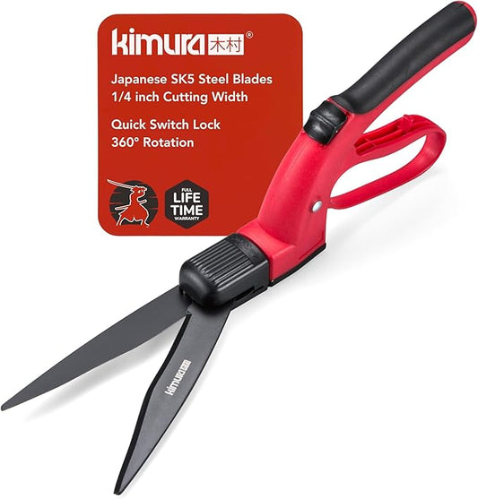 Kimura® Pro Grass Shears - Premium Lawn Shears with 360° Rotating Head, Japanese SK5 Steel Blades, Lightweight, Ergonomic TPR Coated Handles, Garden Shears for Edging and Trimming - 15" Grass Clippers