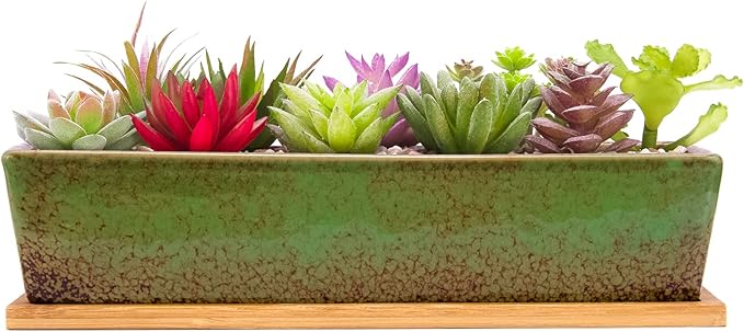 Artketty 12.1 Inch Large Succulent Planters Pots with Drainage Tray, Long Rectangle Ceramic Pots for Indoor Cactus/Succulent Plants Shallow Bonsai Window Box for Home Garden Decor (Green)