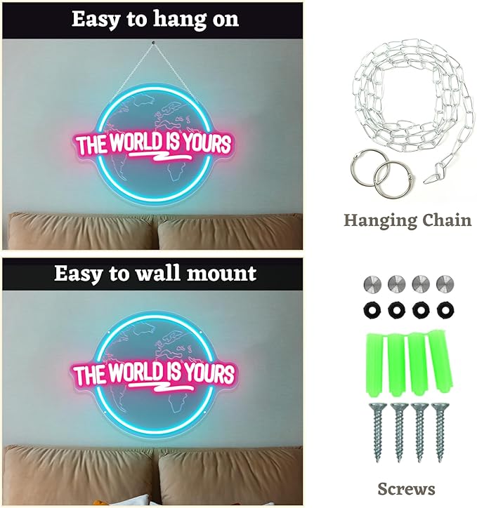 The World Is Yours Neon Sign, Carved Planet The World Is Yours LED Neon Light Lamp for Wall Decor, Light Up Signs for Office Wedding Man Cave Game Room Bedroom Birthday Gift