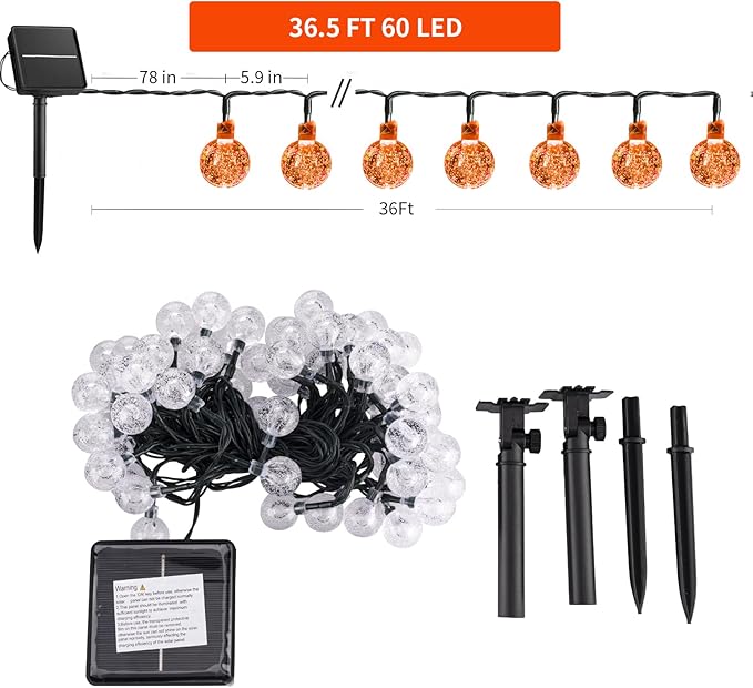 Solar Halloween String Lights Outdoor 60 LED 36 Feet Crystal Globe String Lights with 8 Lighting Modes, Waterproof Solar Powered Patio Lights for Garden Yard Porch Decor (Orange)