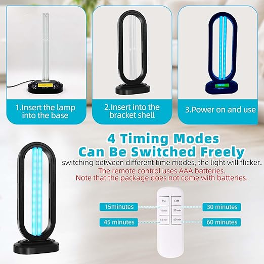 UV Light Sanitizer,4-Speed Timing and Remote Control UVC Home Disinfection Device,Ultraviolet Light Sanitizer for Bed Bugs and Dust Mites,UV Lamp for Whole Room,Black