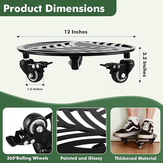 3 Packs Metal Plant Caddy with 3 Metal PU Wheels 12” Heavy-duty Wrought Iron Rolling Plant Stands with Casters Indoor and Outdoor Plant Pot Roller Base Plant Dolly Coaster Movers Black