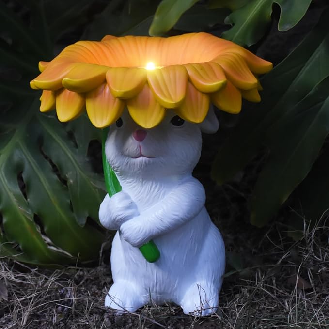 Solar Garden Decor Bunny Garden Statue Easter Decorations Outdoor Resin Sunflower Rabbit Statue with Bird Feeder Patio Decor Bunny Figurines with Lights Yard Decorations Easter Gifts for Women