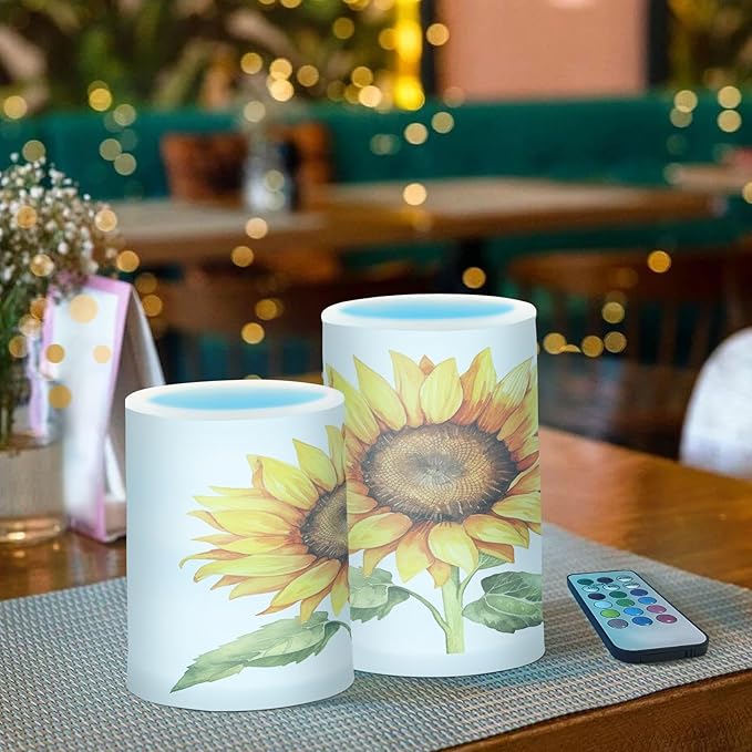 Flickering Flameless Candles, Beautiful Sunflower LED Candles with Remote Timer, Set of 2 Battery Operated Candle for Valentine Wedding Birthday