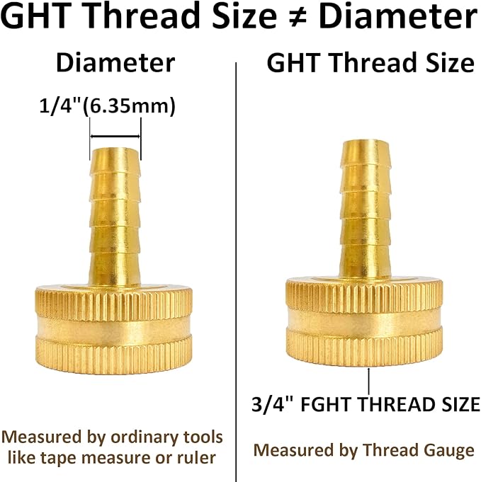 1/4" Barb x 3/4" Female GHT Thread Solid Brass Water Hose End Repair Connector, Includes Stainless Steel Clamps and gaskets（Pack of 4）