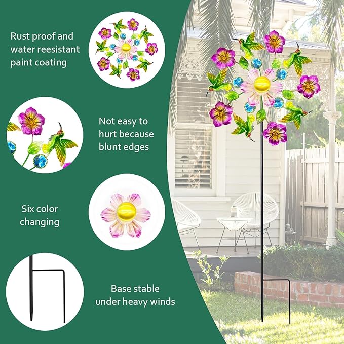 Solar Wind Spinners Outdoors for Yard and Garden - 40 Inch Metal Wind Sculpture, Outdoor Kinetic Windmill with Multi-Color Led Lights for Patio, Lawn & Garden Decoration (Magpies)