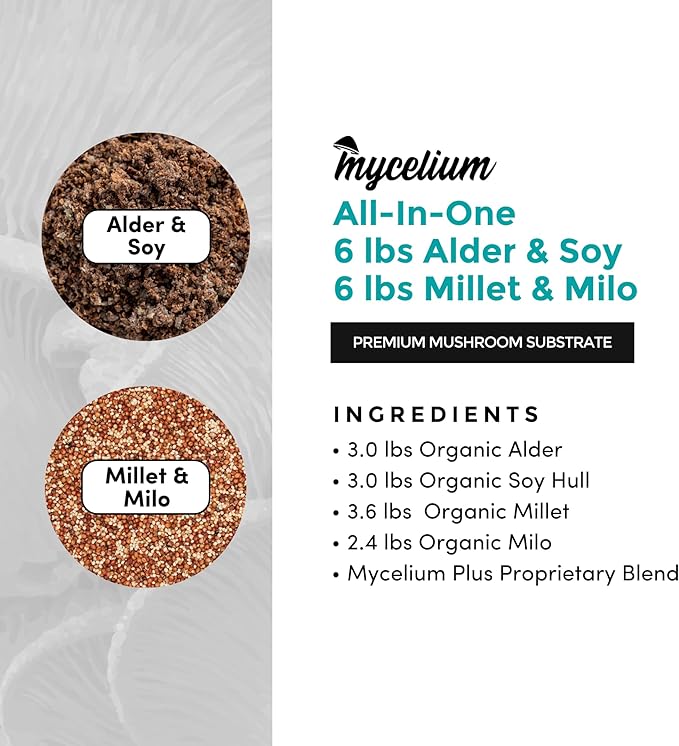 Mycelium Plus Gourmet Mushroom All-in-One Bag - Premium Organic 12 LB Blend of 50% Alder & 50% Soy Hull Substrate with Sterilized Millet/Milo Grain - Perfect for Wood-Loving Mushrooms