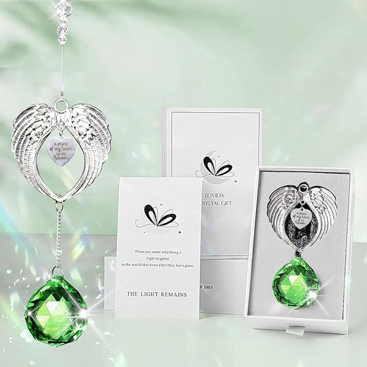Sympathy Gift Modern Grief Gift for Lose of Loved Ones, Memorial Suncatcher with 40mm Crystal Ball, Sorry for Your Lose Rainbow Maker, Bereavement Gift Idea Angel Wings Design, Green