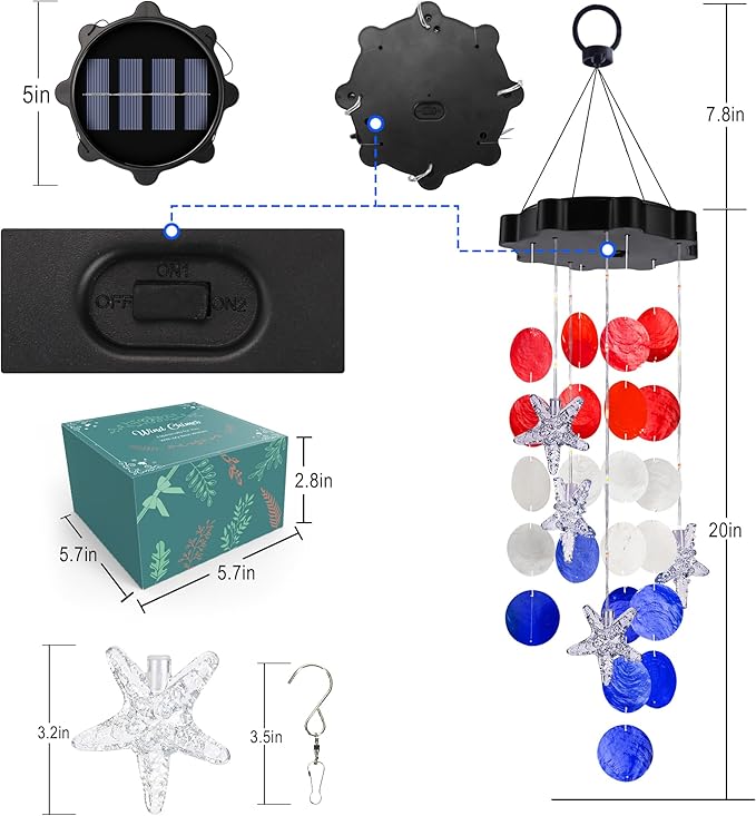 Solar Wind Chimes for Outside, Red & White & Blue Shell Gifts for Mom Grandma Women, Waterproof Solar Outdoor Decorative Mobile Lights for Garden, Yard, Patio, Window, Party, Outdoor Decorations