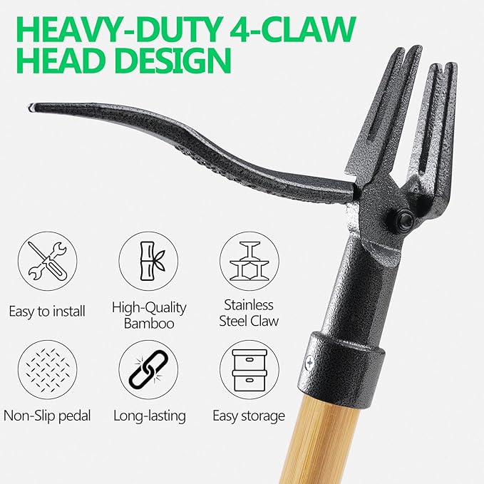 Weed Puller, Stand-Up Weed Puller Tool with Long Handle & 4-Claw Steel Head, 3-Sectioal Pole Design, Garden Hand Weeding Tool - Easily Remove Weeds Without Bending, Pulling,or Kneeling