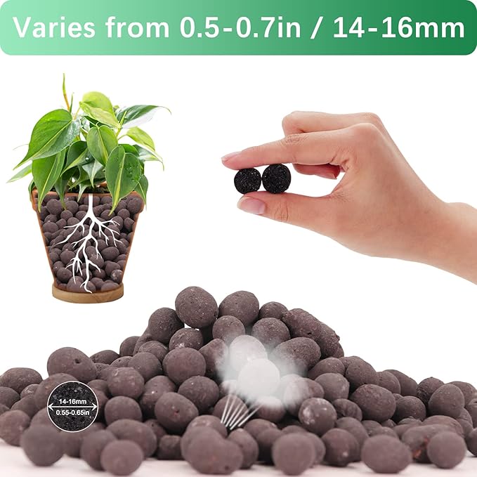 11LB LECA Explanded Clay Pebbles, 14-16mm Lightweight Clay Aggregate for Hydroponic Growing, Premium Grow Media for Orchids, Aquaponics Plants and Horticultural Drainage, Black