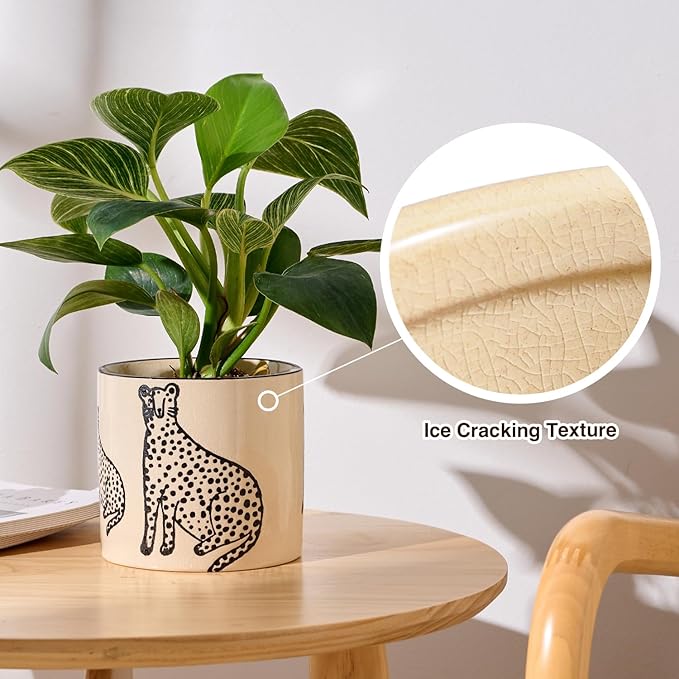 Indoor Ceramic Plant Pots with Drainage Holes 5 Inch Cute Succulent Flower Pots Small Orchid Planter Pots for Indoor Plants Garden Pots, Two Panthers
