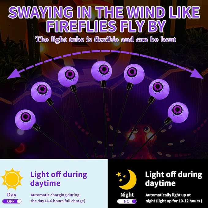 Aogist Halloween Decorations Eyeball Swaying Firefly Light Bright Long Standby Time Waterproof Outdoor Lights for Beautiful Spaces Garden Yard Lawn Pathway Porch Party Decor (Purple, 4 Pack-24 LEDs)