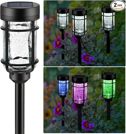 Solar Pathway Lights 2 Pack, Color Changing+Cool White LED Solar Lights Outdoor, Waterproof Lighted Crackle Glass Stake for Garden Path Walkway Backyard Lawn Landscape Decoration