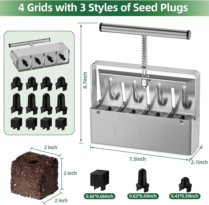 Soil Blocker 2 Inch 4 Cell Upgraded Soil Block Maker Heavy Duty with Comfortable Handle and 3 Sizes Seed Pins Handheld Soil Blocking Tool for Seed Starting transplanting Germination