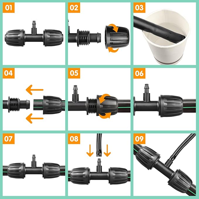 Drip Irrigation Fittings for 1/2 inch Tubing(0.63" OD) to 1/4 inch Irrigation Tubing, 15 Pieces Barbed Tee Drip Parts Twist Locked 3 Way Connectors for Drip Irrigation Hose (13mm ID / 4mm ID)