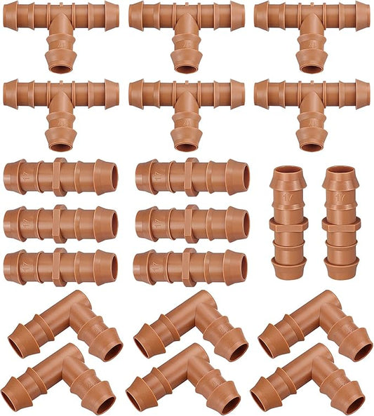 Drip Irrigation Fittings Kit for 1/2 Inch Tubing, 20 Pieces Drip Irrigation Parts for Drip Sprinkler System - 8 Couplings, 6 Tees, 6 Elbows, Drip Line Connectors for 1/2" Drip Irrigation Hose