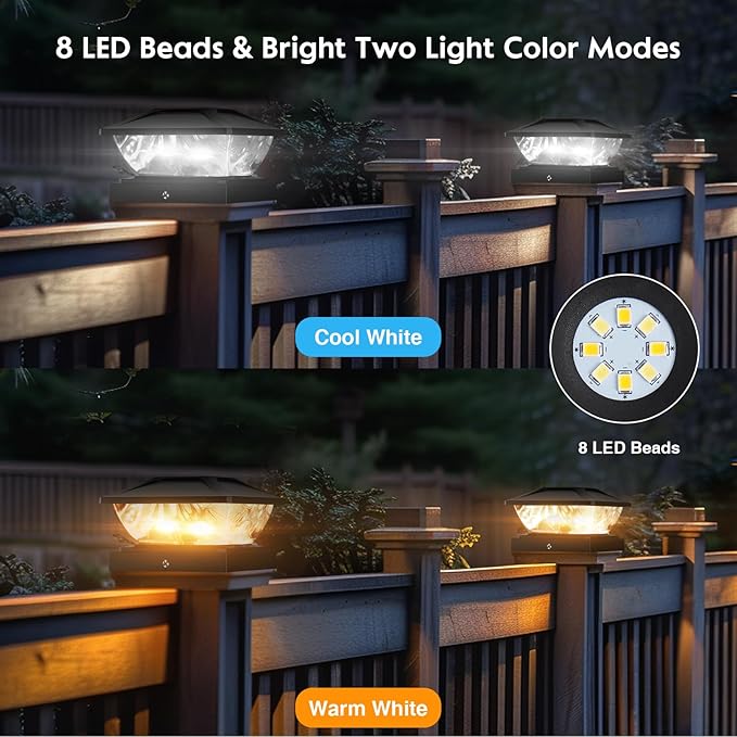 Solar Post Cap Lights Outdoor: 2 Pack 16 LED Fence Post Solar Lights, Solar Powered 2 Lighting Modes 4x4 Post Solar Lights for Garden Patio Deck Step Decor, Fit 3.5x3.5 5x5 Vinyl Wooden Lamp Post