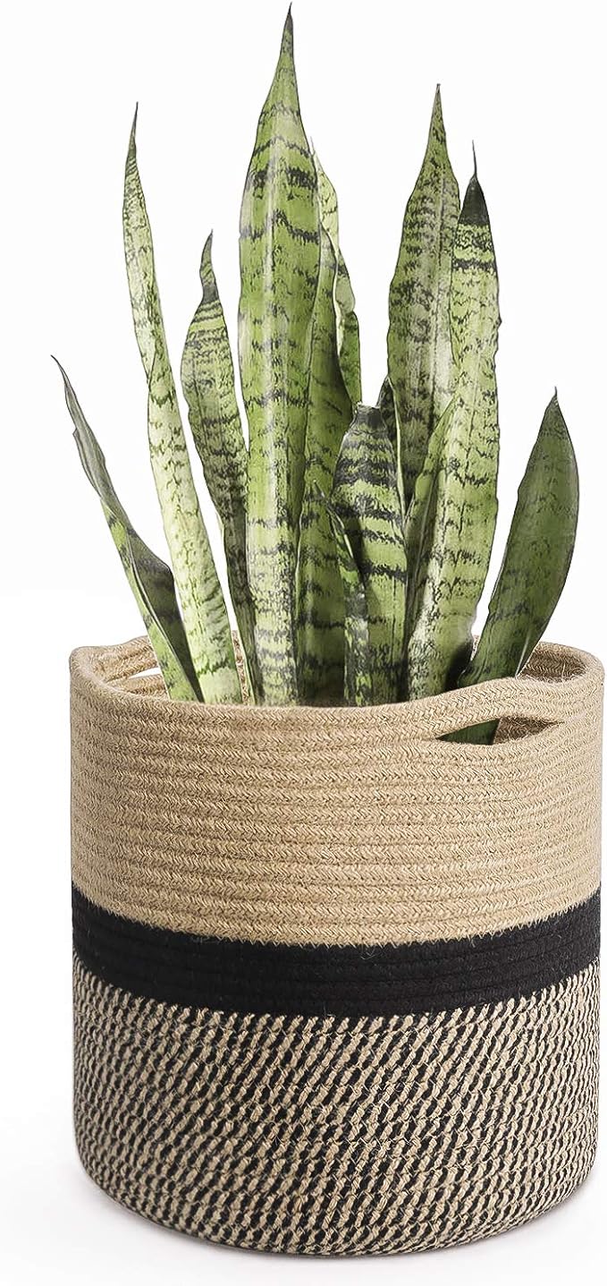 TIMEYARD Sturdy Jute Rope Plant Basket Modern Woven Basket for 10" Flower Pot Floor Indoor Planters, 11” x 11” Storage Organizer Basket Rustic Home Decor, Black and Beige Stripes