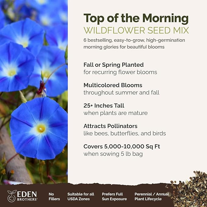 Eden Brothers Top O The Morning Flower Mixed Seeds for Planting, 5 lb, 2,400,000+ Seeds with Morning Glory, Moonflower | Attracts Pollinators, Plant in Spring or Fall, Zones 3, 4, 5, 6, 7, 8, 9, 10