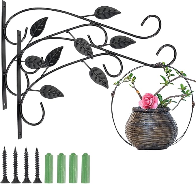 4 Leaves Style Metal Hanging Plant Brackets 12 inches x 9 inches, Pack of 2, Wall Mount Plant Hangers, Planter Hooks for Flower Baskets, Bird Feeders in Corridor/Patio/Porch/Garden