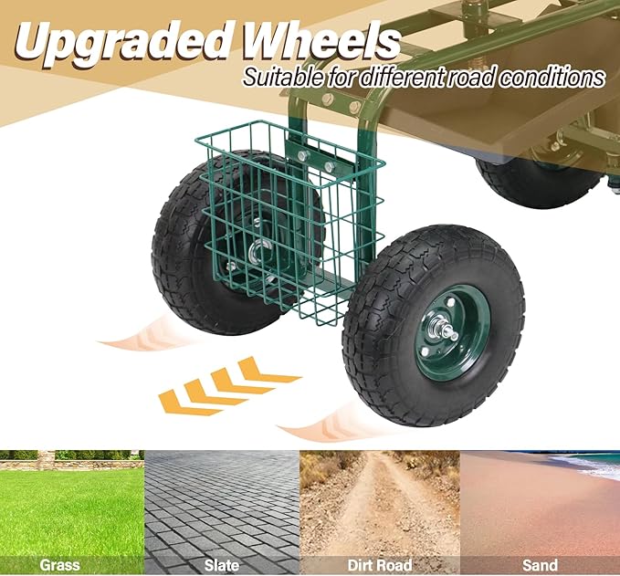 BDL Garden Cart Outdoor Rolling Garden Workseat with Wheels, Heavy Duty Garden Tool Cart with Extendable Handle and Storage for Seniors Yard Gardening Work