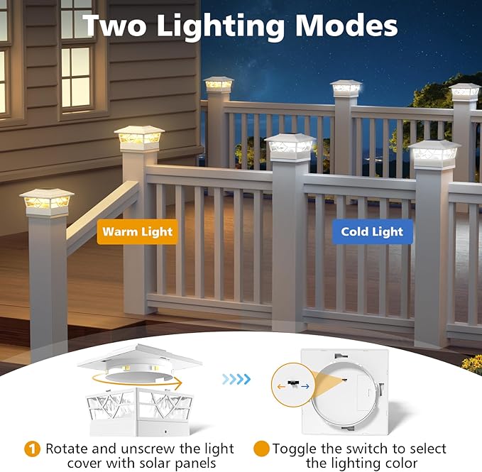 NIORSUN Solar Post Lights Outdoor 6 Pack, 2 Modes LED, Deck Fence Post Solar Lights for 3.5x3.5 4x4 5x5 5.5x5.5 Caps Patio Garden Decoration, White