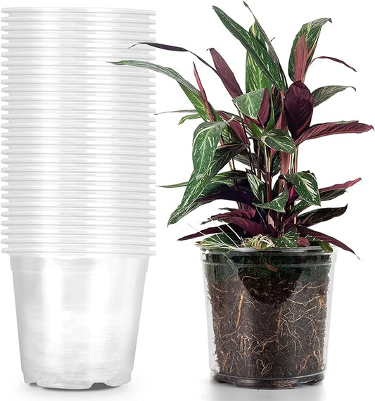 RAOOKIF 30 Pack 1 Gallon Pots with Drainage Holes, 7 Inch Clear Nursery pots, 1 Gallon Plastic Plant Pots for Seedlings, Clear Seed Starters, and Flower Planting