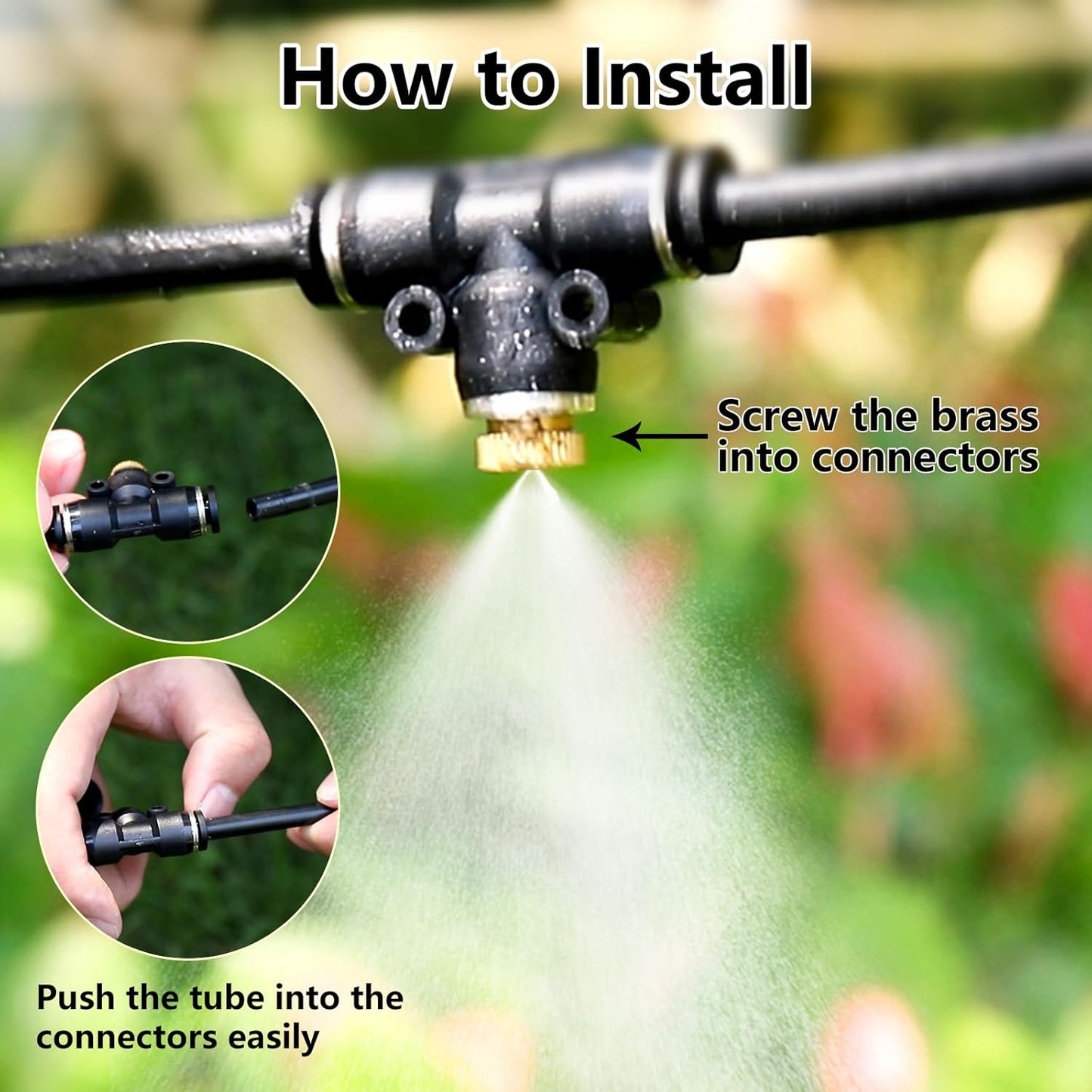 12 Pack Brass Misting Nozzles Outdoor Cooling System with 12 Heavy Duty Misting Nozzle,12 Tees,2 Brass Plugs,2 Black Plugs for Outdoor Cooling system