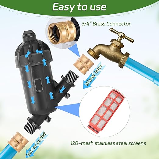 US Standard 3/4 Drip Irrigation Y Filter (120 Mesh Stainless Steel Screen), USA Garden Hose 3/4 GHT Male Thread Irrigation Screen Filter with 2 Pcs Female Thread Brass Connector for Garden Irrigation