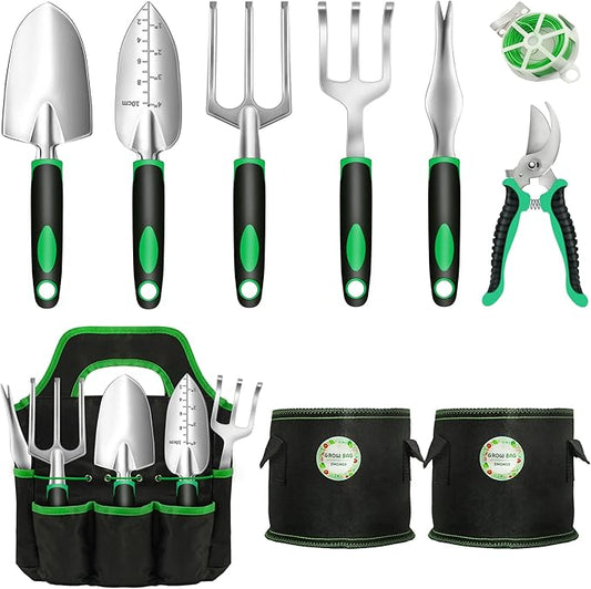Garden Tool Set, 10 Pieces Heavy Duty Gardening Tools Kit with Plant Grow Bags and Garden Tote Bag for Tools, Gardening Gifts for Women and Men,No-Rust,No-Bend
